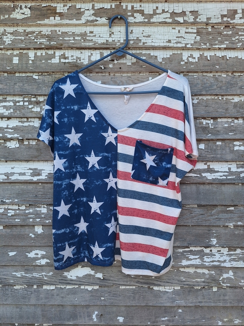 BiBi Women's Flag Print Short Sleeve Top in Blue, Red, White Size Small